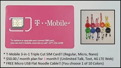 T-Mobile PrePaid SIM W/ 1 FREE Month ($50 Unltd.TalkText& Web)+FREE V8 USB! • $39.99