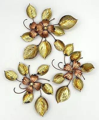 Vtg Floral Brass Copper Wall Decor Metal Art Dogwood Flowers Leaves 3 Pieces • $29.99