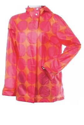 Marimekko Size XS Rain Jacket Hooded Snap Zip Front  Pink Orange Polka Dot Print • $75