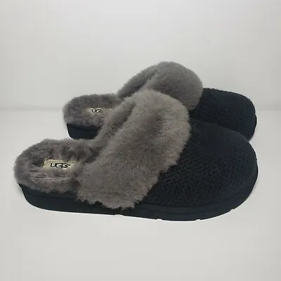 UGG Cozy Knit Womens Size 11 Shearling Trim Lined Slide Slippers Black Gray • $84.55