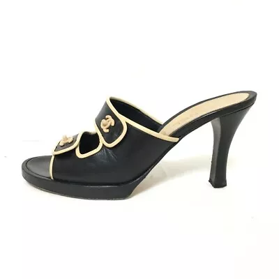 Auth CHANEL Black Beige Leather Women's Sandals • $314