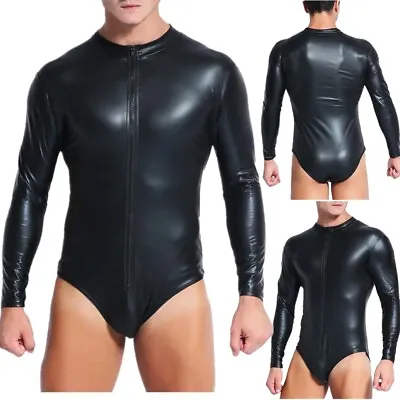 Men's Shiny PVC Leather Bodysuit Long Sleeves Zipper Leotard Jumpsuit Clubwear • £6.43