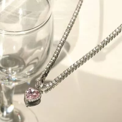 Rhinestone Y2K Pink Heart Necklace Alloy Crystal Clavicle Chain  Women • $5.63