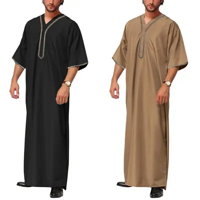 UK STOCK Men Short Sleeve Muslim Dishdash Jubba Kaftan Jubba Abaya Islamic Thobe • £18.39