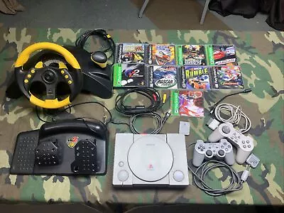 Sony PlayStation 1 + MC2 Universal Racing Wheel And Pedals + 9 Games • $150