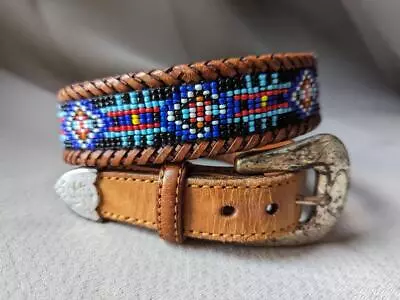 Vintage BEADED Buckle Belt NATIVE AMERICAN Western 28 Leather EDDIE BAUER Brown • $39.95