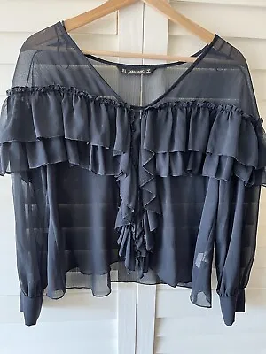 Zara Sheer Ruffled Dark Navy Blouse Size Small • $35