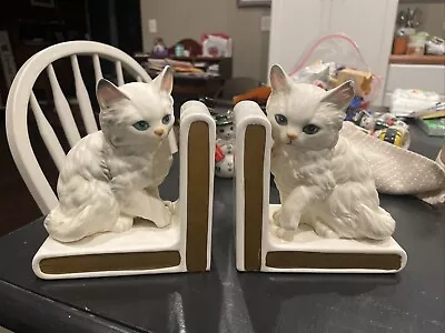 Vintage Lefton White Cats Kittens Bookends Book Ends White Books Gilded Pages • $12