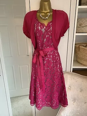 Jacques Vert Fushia Pink Lace Dress & Bolero Wedding Mother /Bride Groom UK 16 • £2.20