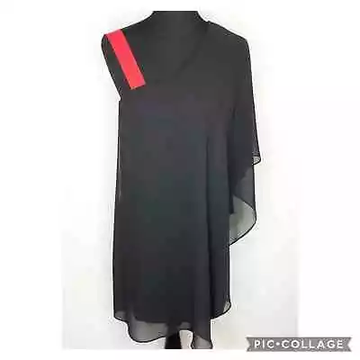 Erin Fetherston Black Sheer Silk Overlay One Shoulder Red Strap Dress Size 6 • $50