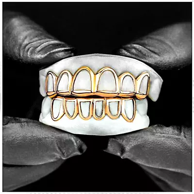 Custom Fit Open Face 14K Gold Plated Mouth Teeth Grills Grillz Upper Lower Set • $14.99