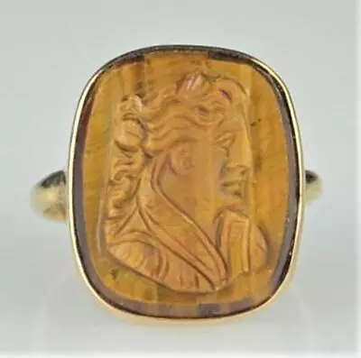 Vintage 14k Yellow Gold Tigers Eye Carved Cameo Ring - Size 4 - Amazing Detail • $250.75