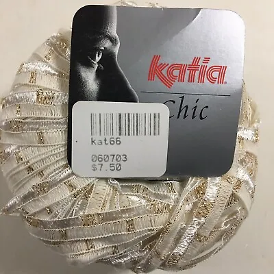 Katia Chic Wool & Nylon Yarn/Ribbon Color 66 White Metallic Gold Spain 50gr 70yd • $6.49