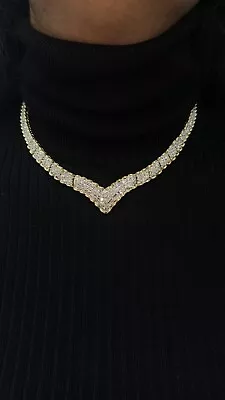 Diamond White & Yellow Gold V Shape Choker Tennis Necklace 17” Long • $7000