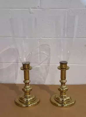 Pair Of Virginia Metalcrafters Candlesticks With Blown Glass Hurricane Shades • $399