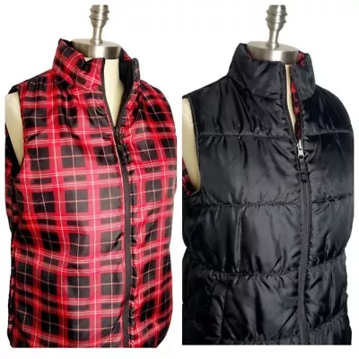 Merona | Womens Size M Reversible Red Tartan Plaid Black Puffer Full Zip Vest • $30.09