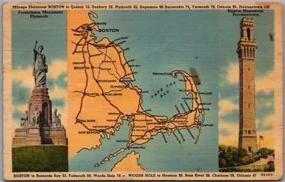 1941 CAPE COD Massachusetts Linen MAP Postcard Forefathers & Pilgrims Monuments • $4