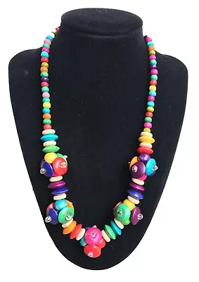 £7.99 • Buy Multi Colour Rainbow Boho Wooden / Wood Retro Cute Button Style Bead Necklace