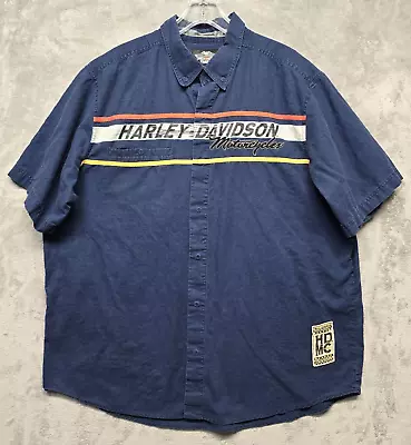 Harley Davidson Shirt Mens 3xl Blue Snap Up Work Wear Short Sleeve Mechanic • $44.94