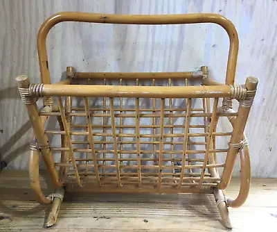 Vintage Bamboo Cane Wicker Magazine Newspaper Storage Rack Boho • $80.75