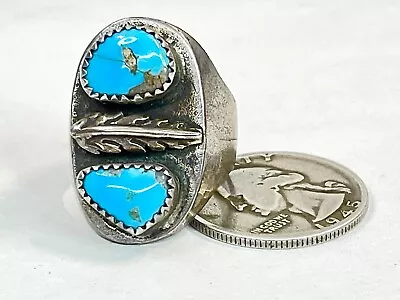 Sterling Silver Turquoise 2 Stone Ring Sz 8.75 27.7mm Old Pawn AZ • $100