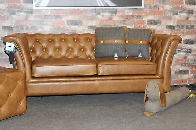 Harris Tweed & Fully Aniline Brown Cerato Leather Ceasar 2 Seater Sofa Brand New • £1299
