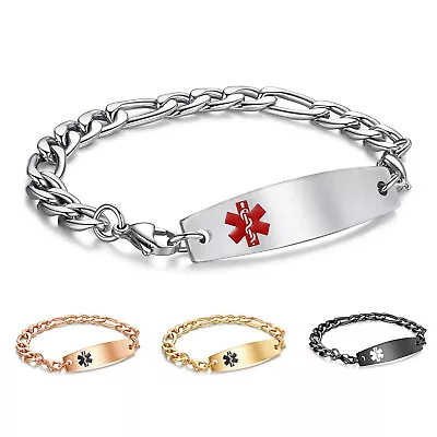 CUSTOM ENGRAVE 4 Colors! Unisex Stainless Figaro Chain Medical ID Bracelet  • $27.97