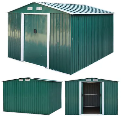 10x8FT STEEL SHED Garden Metal Shed Outdoor Bicycle Tools Storage House W/ Base • £389.95