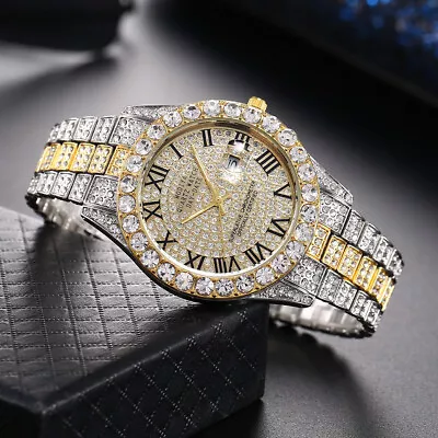 2023 Iced Out Hip Hop Mens Boys Brand Luxury Diamond Date Quartz Bling Watch • £11.03