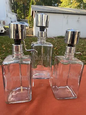 3 Vintage Glass Liquor Decanter Set- Etched Glass & Chrome Pumps • $52