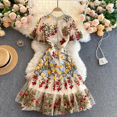 Women Retro Court Embroidered A-line Dress Short Sleeve Slim Vintage Clothing • $140.81