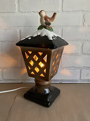 Vintage Ceramic Christmas Snow Covered Lantern Lamp Post With Bird And Holly • $55