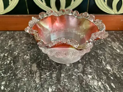 Stunning Antique Cranberry & Vaseline Glass Frilled Ribbed Dish Bowl • £20