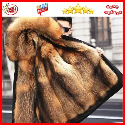 Mens Mink Fur Lined Long Coat Fox Fur Collar Hooded Warm Winter Outwear Parka XL • $119.99