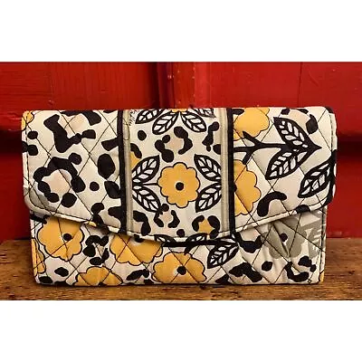 NWT Vera Bradley Strap Wallet Go Wild Yellow Gray Leopard Trifold Floral NEW • $26.99