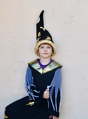 Wizard Celestial Black/Gold Merlin Costume Child Boy Sz 7-8 Hat Halloween Tunic • $18.99