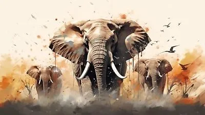 Stampede Of Elephants Paint Splash Canvas Wall Art 20  X 36  • £31.04