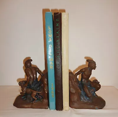 PAIR VINTAGE 1920s ~ J.B. NATIVE AMERICAN - INDIAN SCOUT AND DOG ~ BOOKENDS • $50