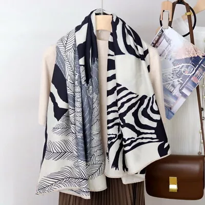 Feather Zebra Print 70% Cashmere & 30% Silk Wrap Scarf Double Face Shawl 53  • $56.99