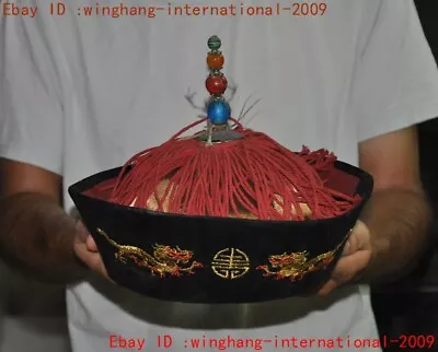 China Qing Dynasty Cloth Agate Peacock Tail Turquoise Embroidery Dragon Hat Cap • $153