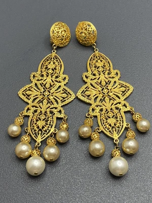 $350 • Buy Huge Vintage Signed BEN AMUN Designer Chandelier Gold Tone Faux Peal Earrings 