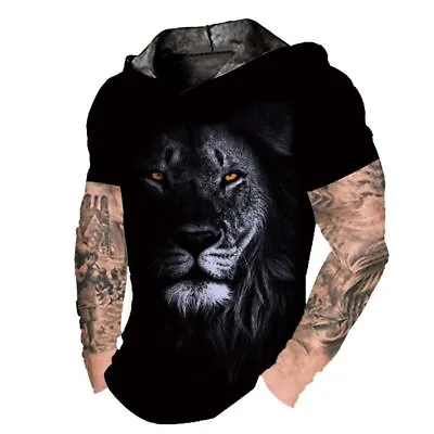 $16.98 • Buy ⭐⭐⭐Men's Hoodie Short Sleeve Lion Gaze Black Fashion Sweatshirt Soft LightWeight