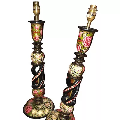 Vintage Pair Indian Kashmir Kashmiri Lacquered Lamps Candlestick Hand Painted • $1004.05