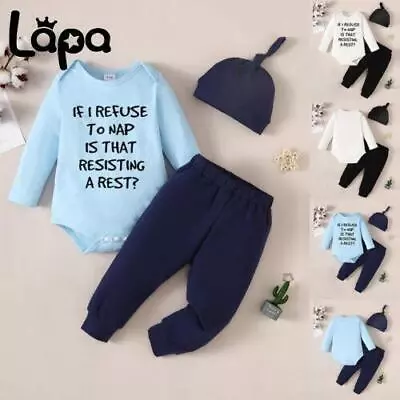 3PCS Baby Boys Romper Letter Tops Pants Trousers Hat Outfits Kids Clothes Set • £8.09