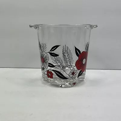 Vintage MCM Glass Ice Bucket Red & Black Flowers - Italy 5 Inches Tall • $19.99