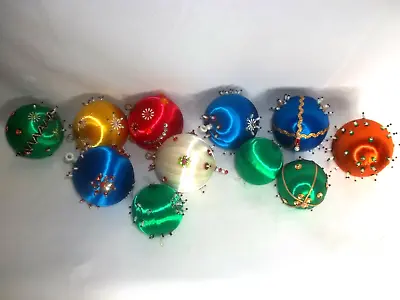 Lot/11 – Vintage Beaded Sequined Push-Pin Satin-Wrapped Christmas Ornaments   • $8.84