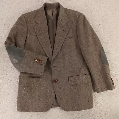 VINTAGE Donegal Tweed Jacket S Brown Birdseye Wool Blazer Elbow Patches 38S • $79.97