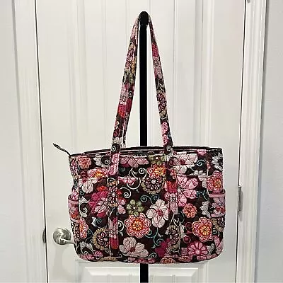 Vera Bradley Mod Pink Floral On Brown Large Tote Shoulder Bag 17 X13  • $24