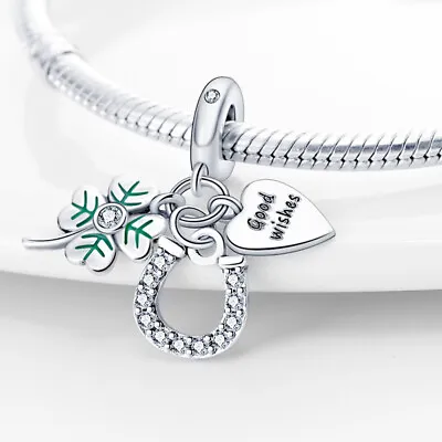 Good Wishes Best Luck Four Leaf Clover Love Heart Charm Sterling Silver 925 • £12.99