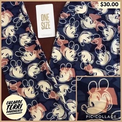 LLR One Size Disney Leggings Vintage Mickey Mouse W/ Blue & Dark Tan Background • $4.99